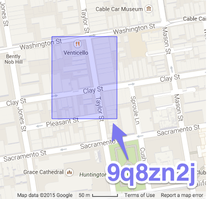 map showing an example geohash in San Francisco